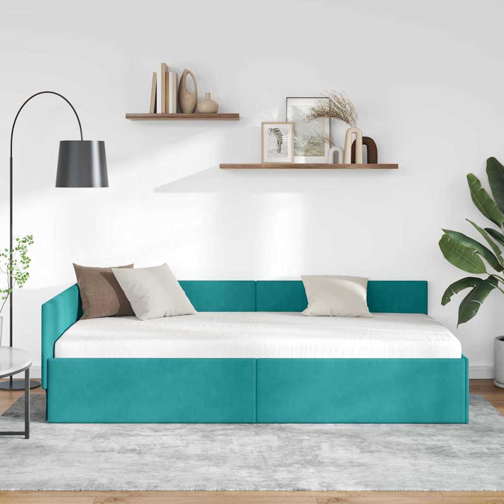 Kutni okvir kreveta s uzglavljem Tirkizna 90 cm x 200 cm Baršun