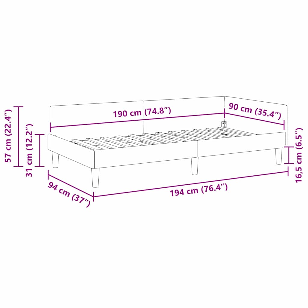 Kutni okvir kreveta Tamno siva 90 x 190 cm tkanina