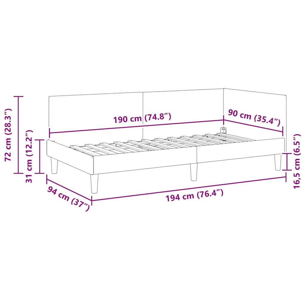 Kutni okvir kreveta Crna 90 cm x 190 cm Tkanina i šperploča