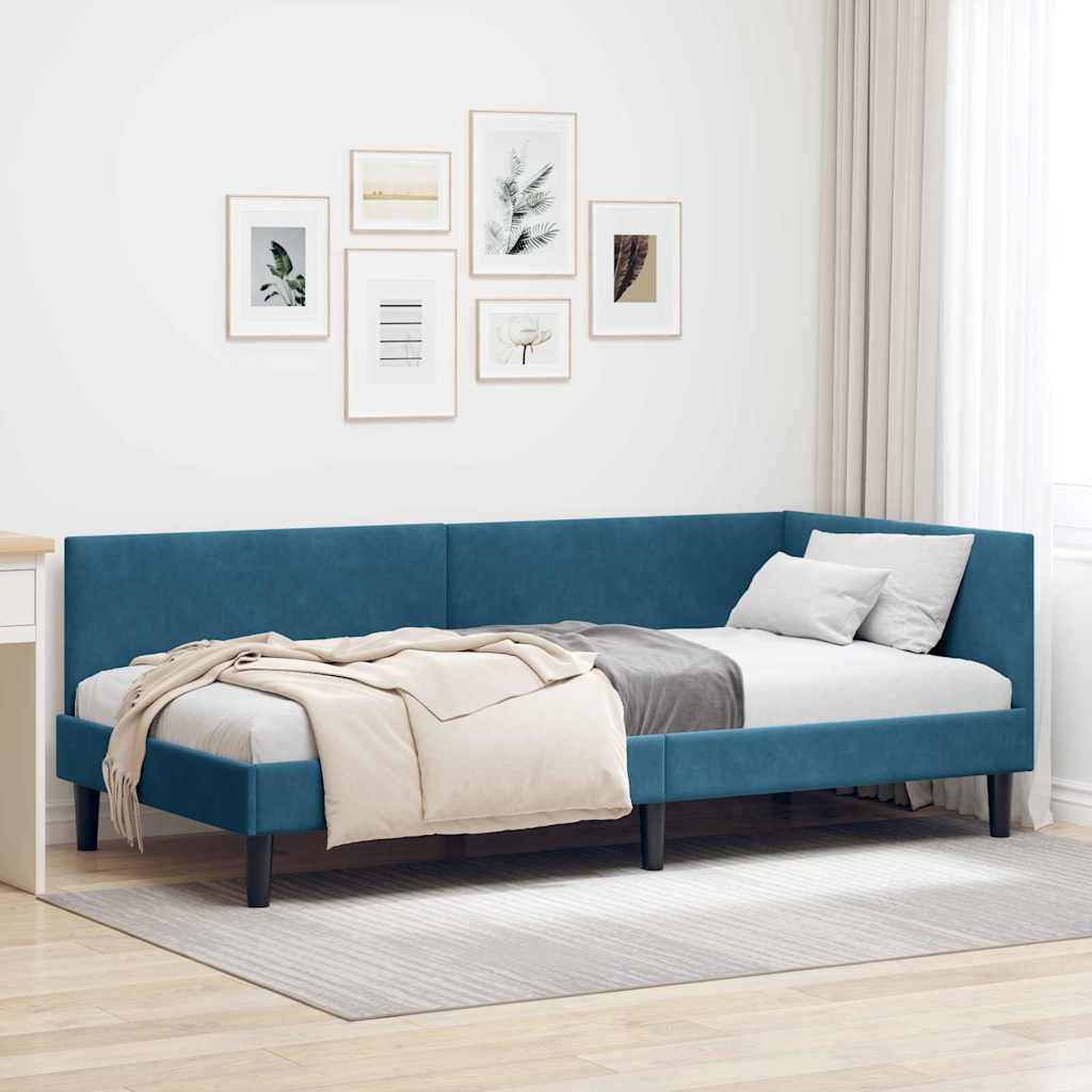 Kutni okvir kreveta s uzglavljem Plava 90 cm x 200 cm Baršun