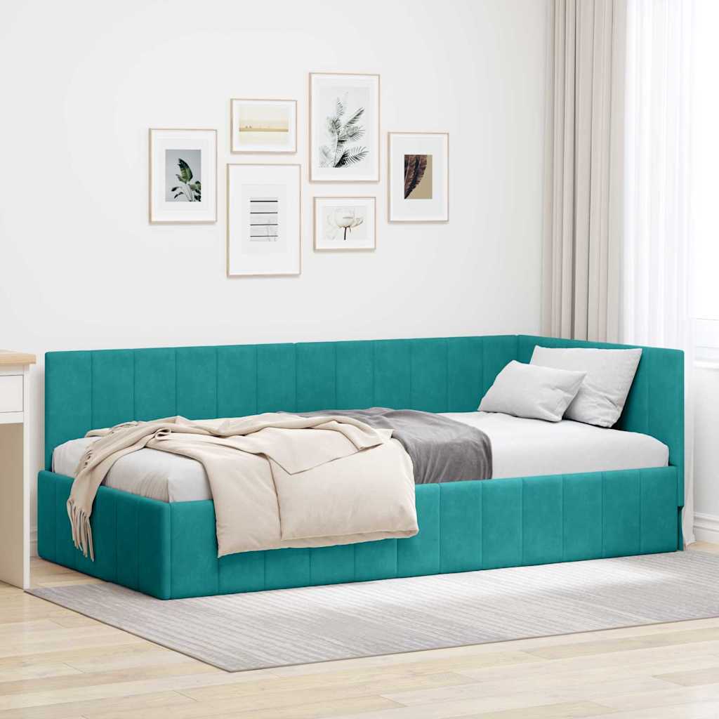 Kutni okvir kreveta s uzglavljem Tirkizna 90 cm x 190 cm Baršun
