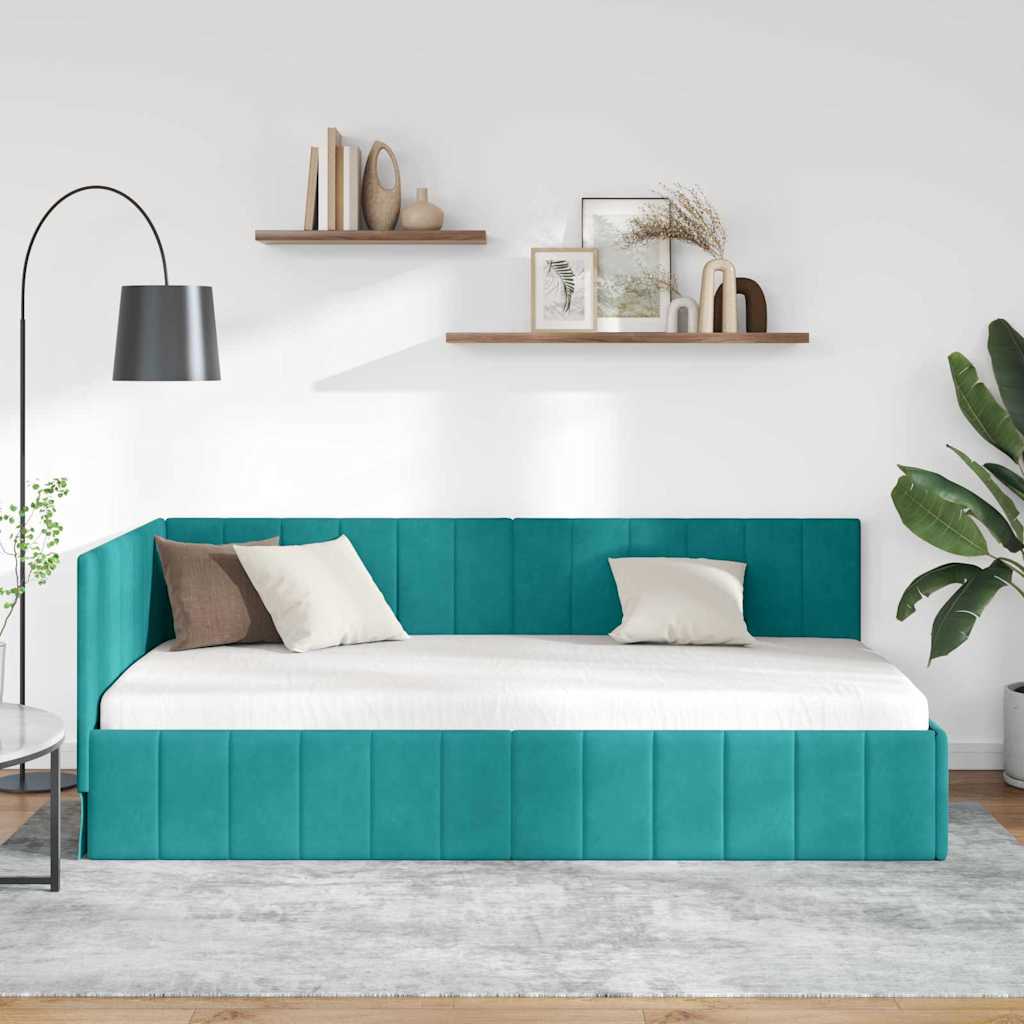 Kutni okvir kreveta s uzglavljem Tirkizna 90 cm x 190 cm Baršun