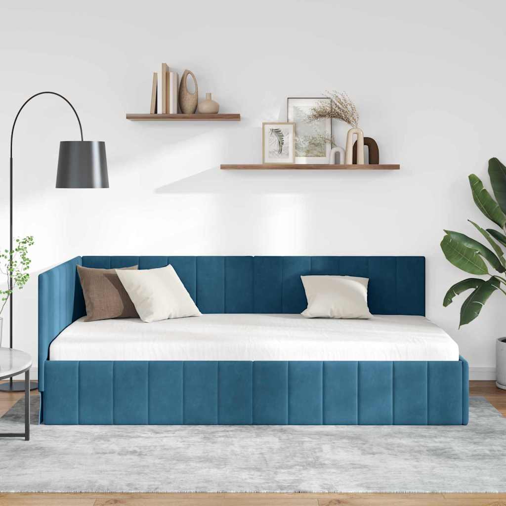 Kutni okvir kreveta s uzglavljem Plava 90 cm x 200 cm Baršun