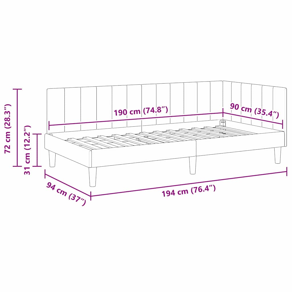 Kutni okvir kreveta s uzglavljem Tirkizna 90 cm x 190 cm Baršun