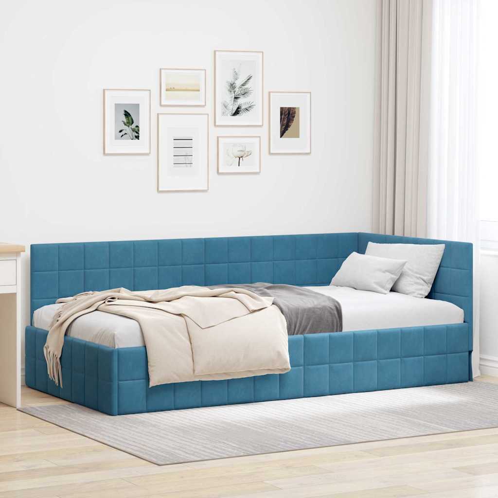 Kutni okvir kreveta s uzglavljem Plava 90 cm x 200 cm Baršun