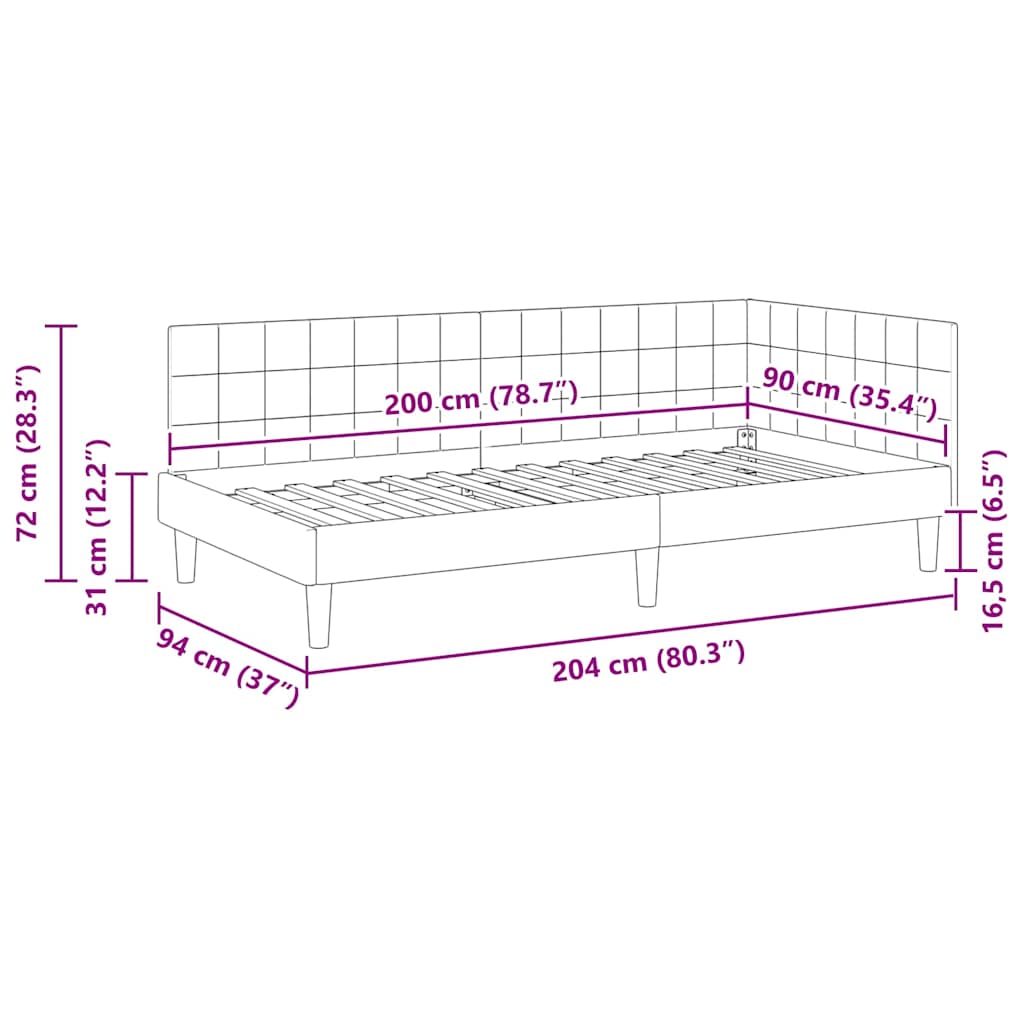 Kutni okvir kreveta s uzglavljem Crna 90 cm x 200 cm Baršun