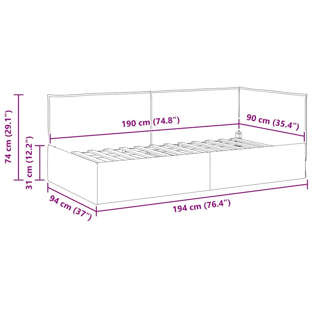 Kutni okvir kreveta s uzglavljem Crna 90 x 190 cm tkanina