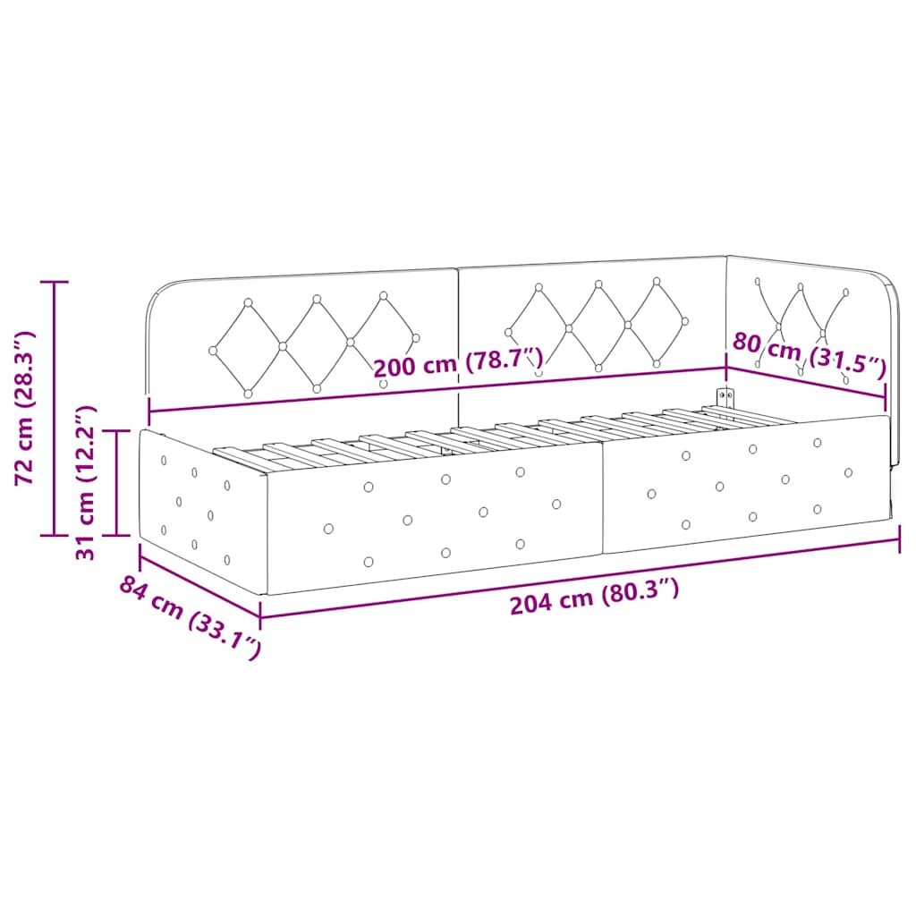 Kutni okvir kreveta Crna 80 x 200 cm Baršun