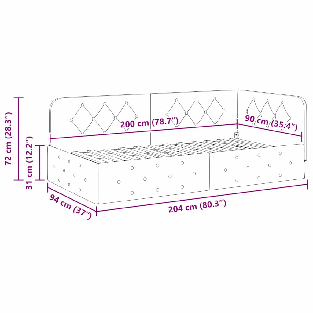 Kutni okvir kreveta Vinska crvena 90 x 200 cm Baršun