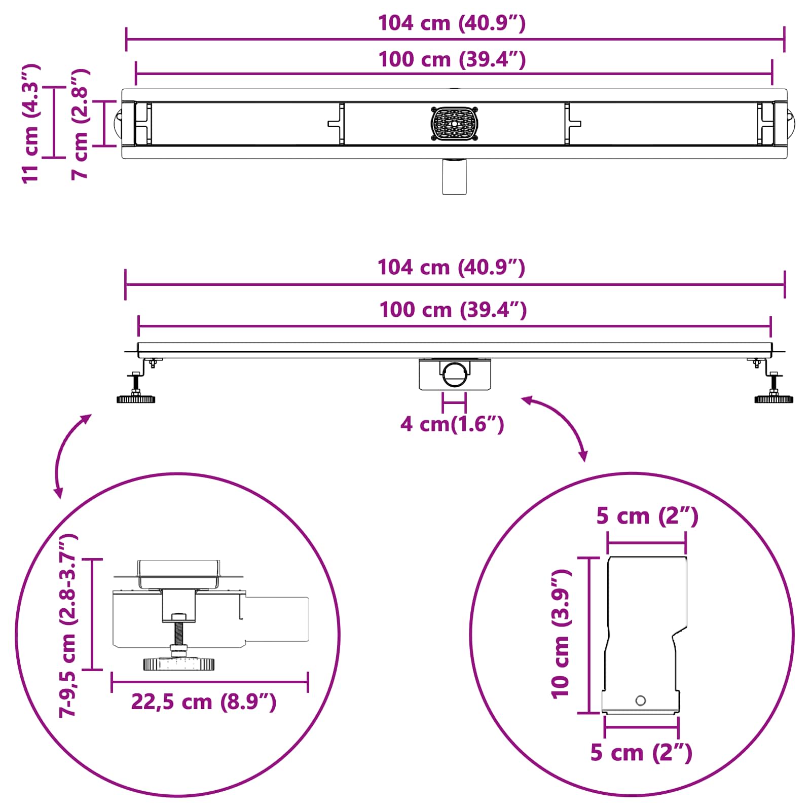 Odvod za tuš s staklenim poklopcem i 360° sifonom Crna 100 cm