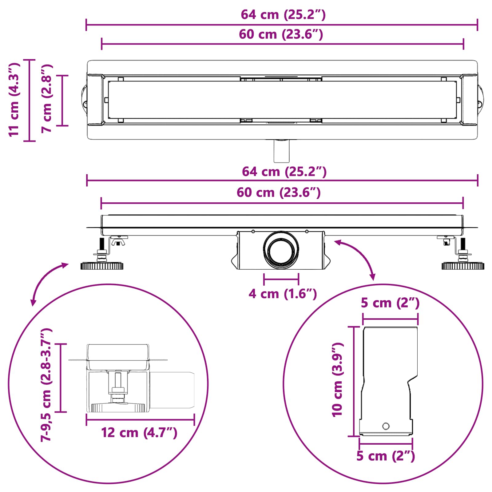 2 u 1 odvod za tuš Crna 60 cm Nehrđajući čelik 304