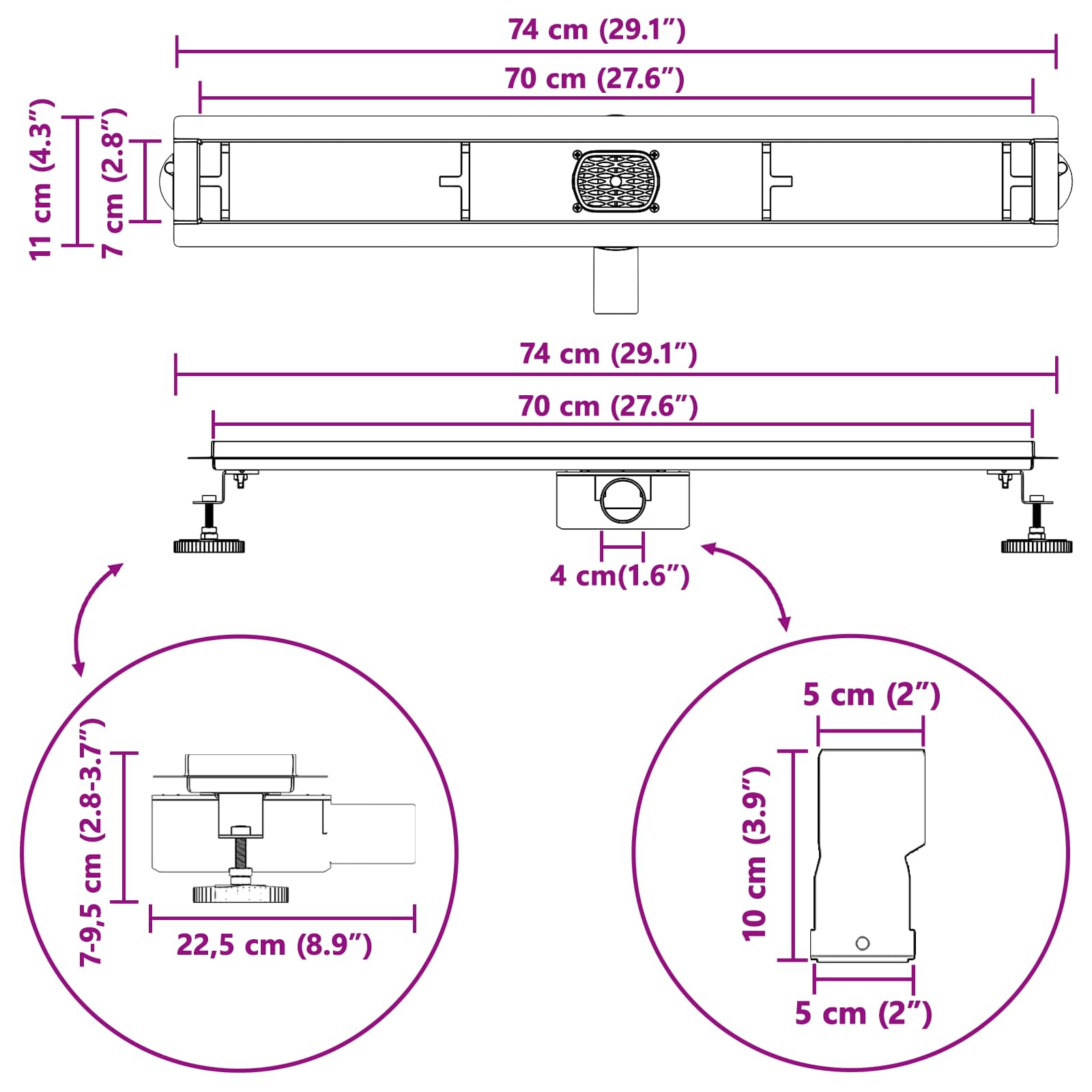 Odvod za tuš s staklenim poklopcem i 360° sifonom Crna 70 cm
