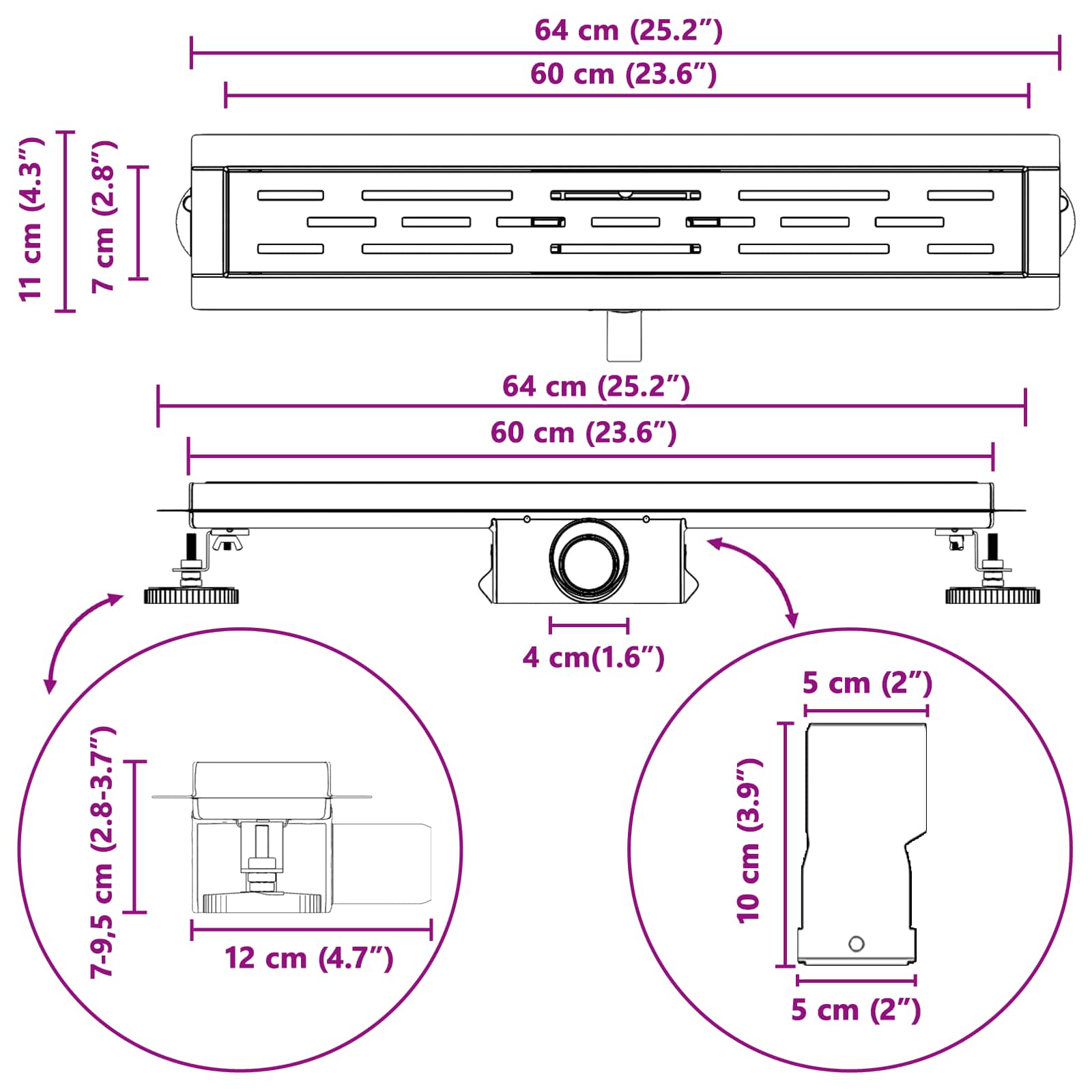 Odvod za tuš s dizajnom linije Srebrno 60 cm
