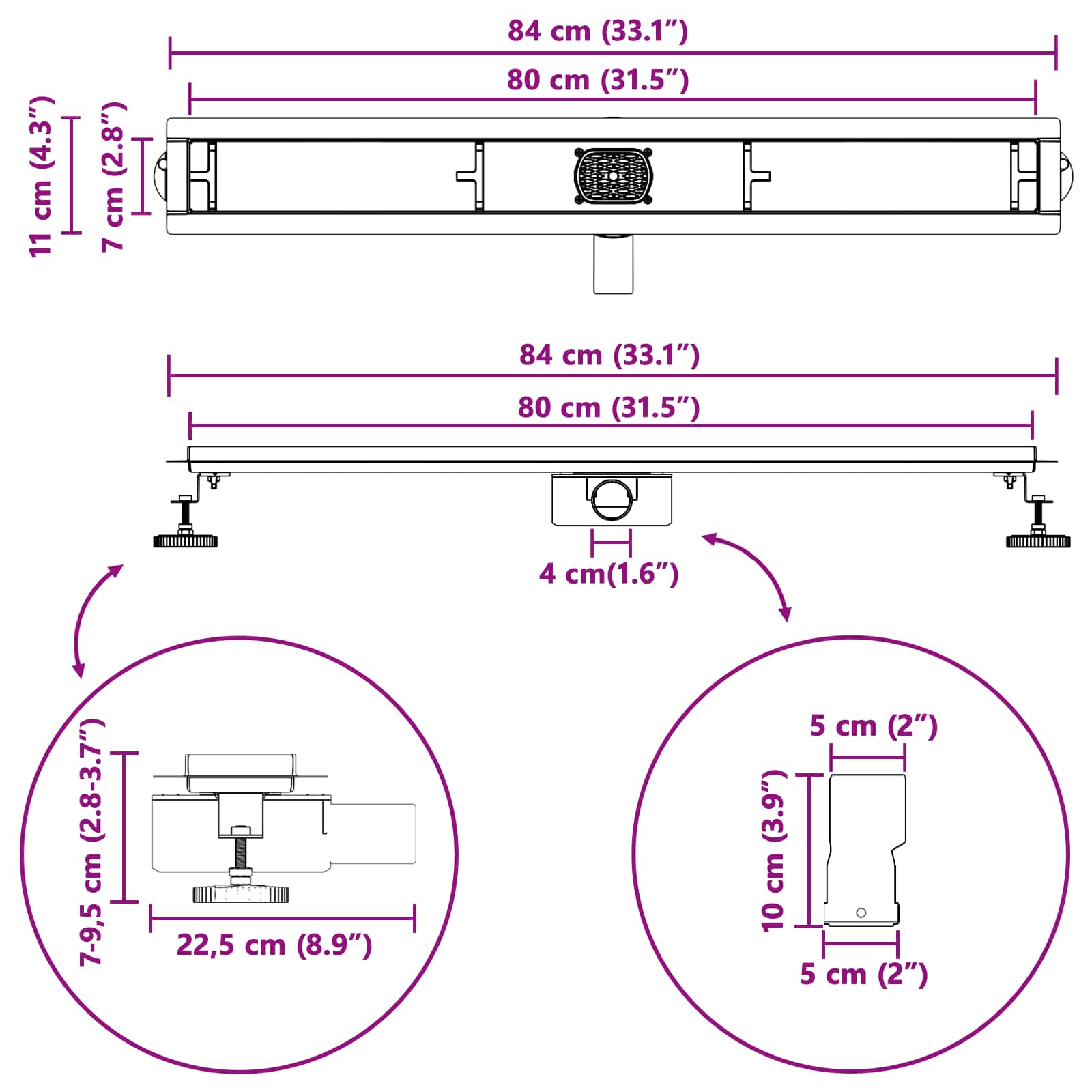 Tuš kanal 2-u-1 sa 360° sifonom Srebrno 80 cm