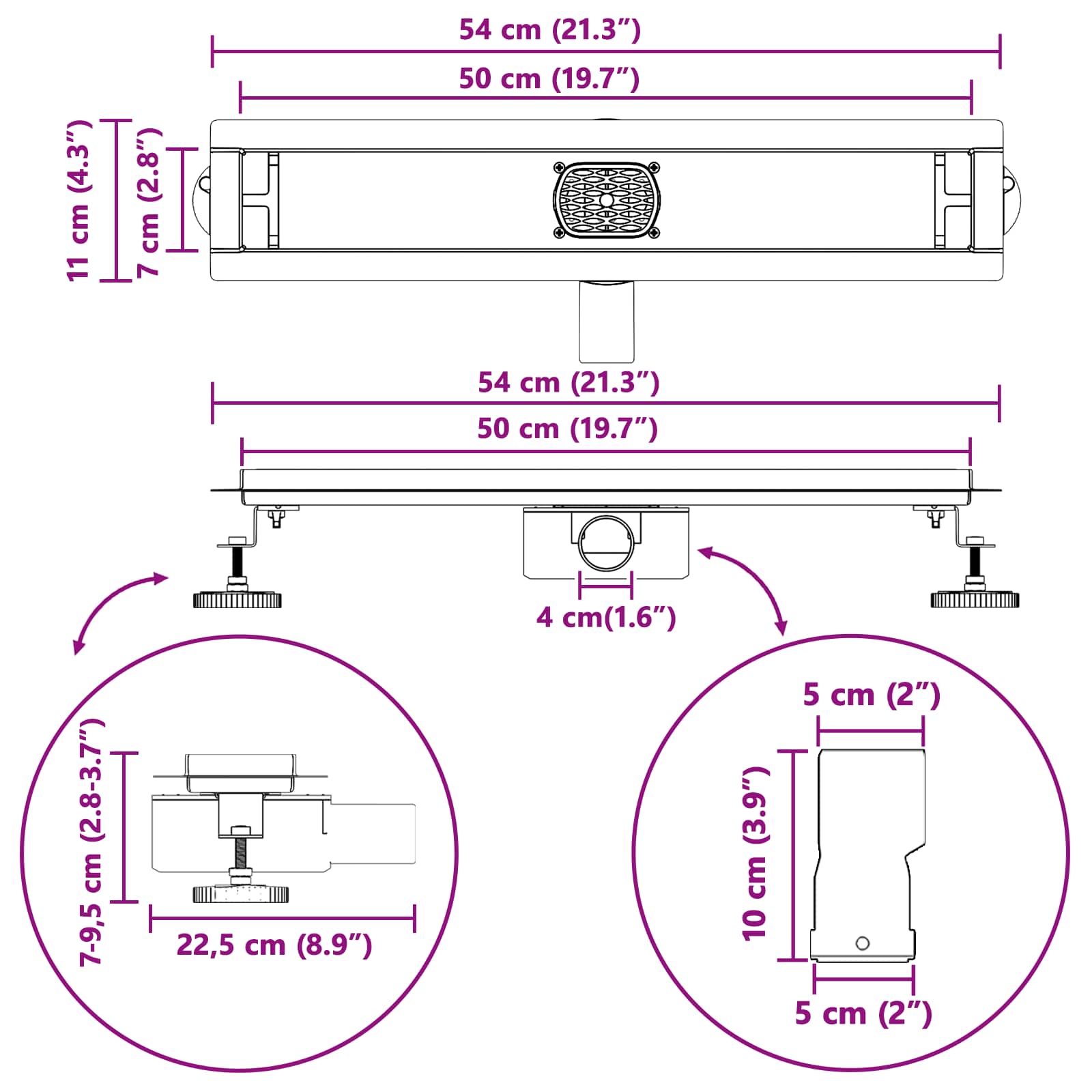 Odvod za tuš s staklenim poklopcem i 360° sifonom Crna 50 cm