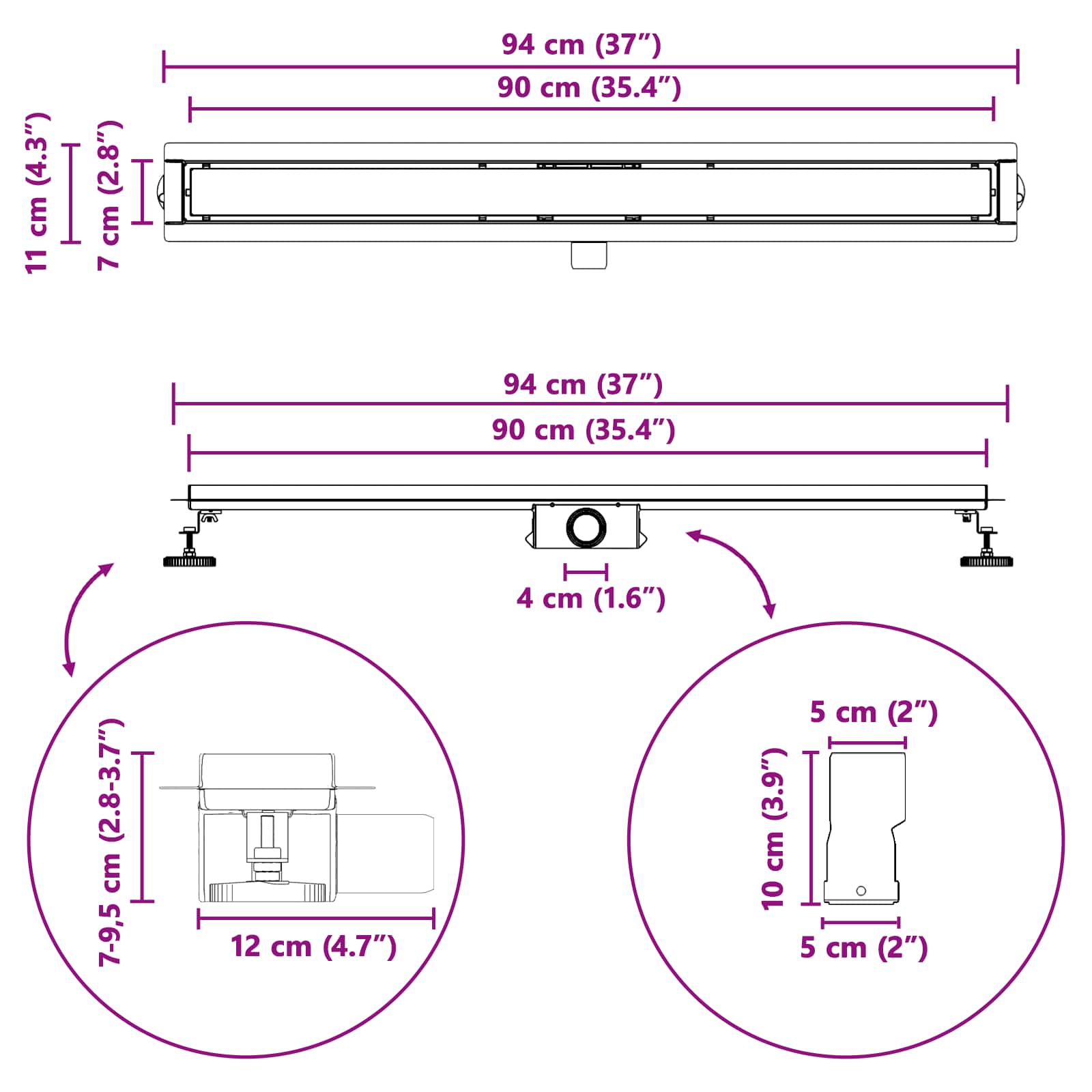 2 u 1 odvod za tuš Crna 90 cm Nehrđajući čelik 304