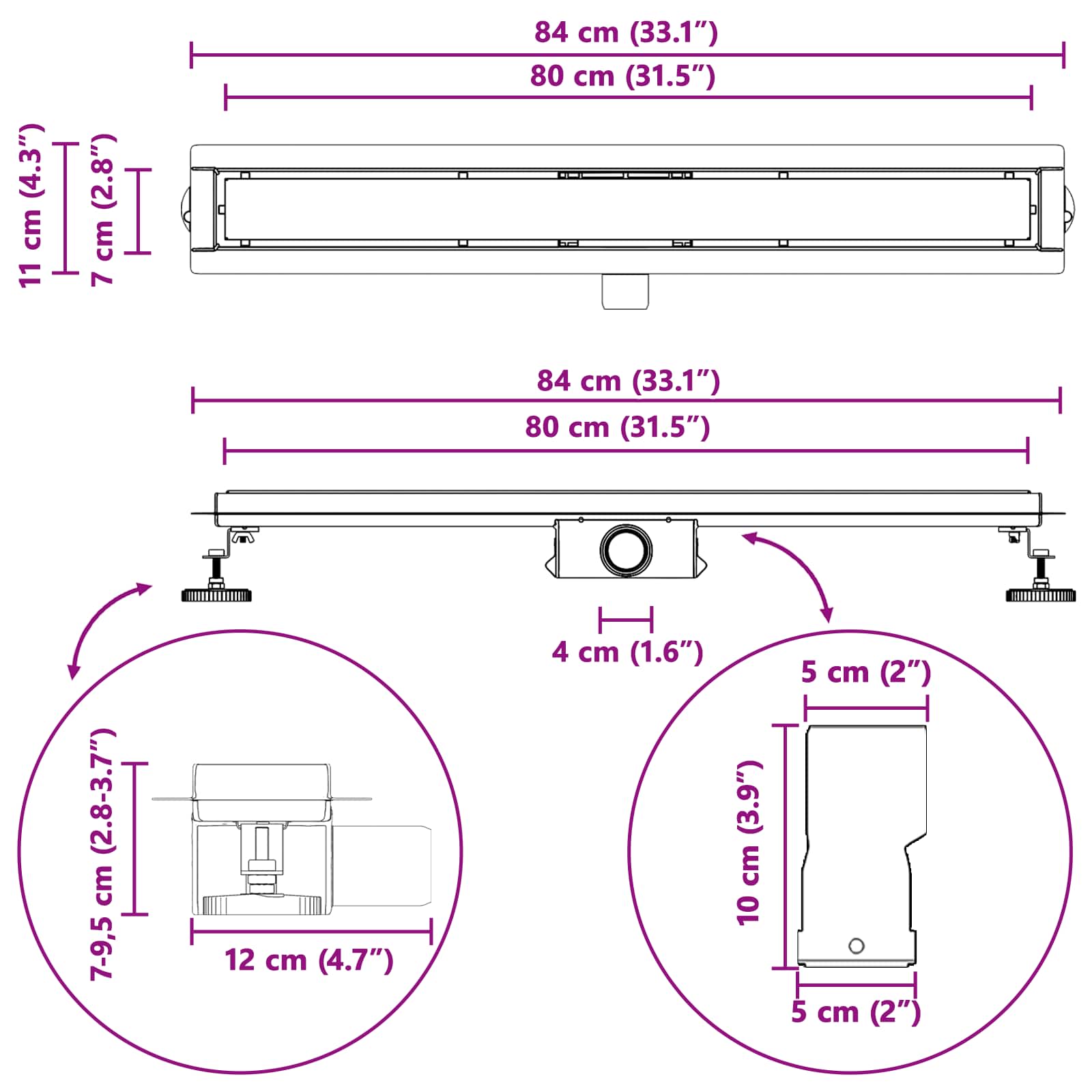2 u 1 odvod za tuš Crna 80 cm Nehrđajući čelik 304