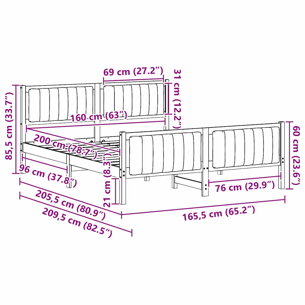 Okvir kreveta Smeđa i crna 160 x 200 cm Masivna borovina
