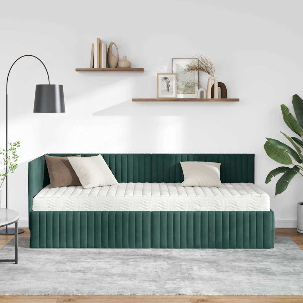 Kutni krevetni okvir s madracem 2 pcs Zelena Baršun