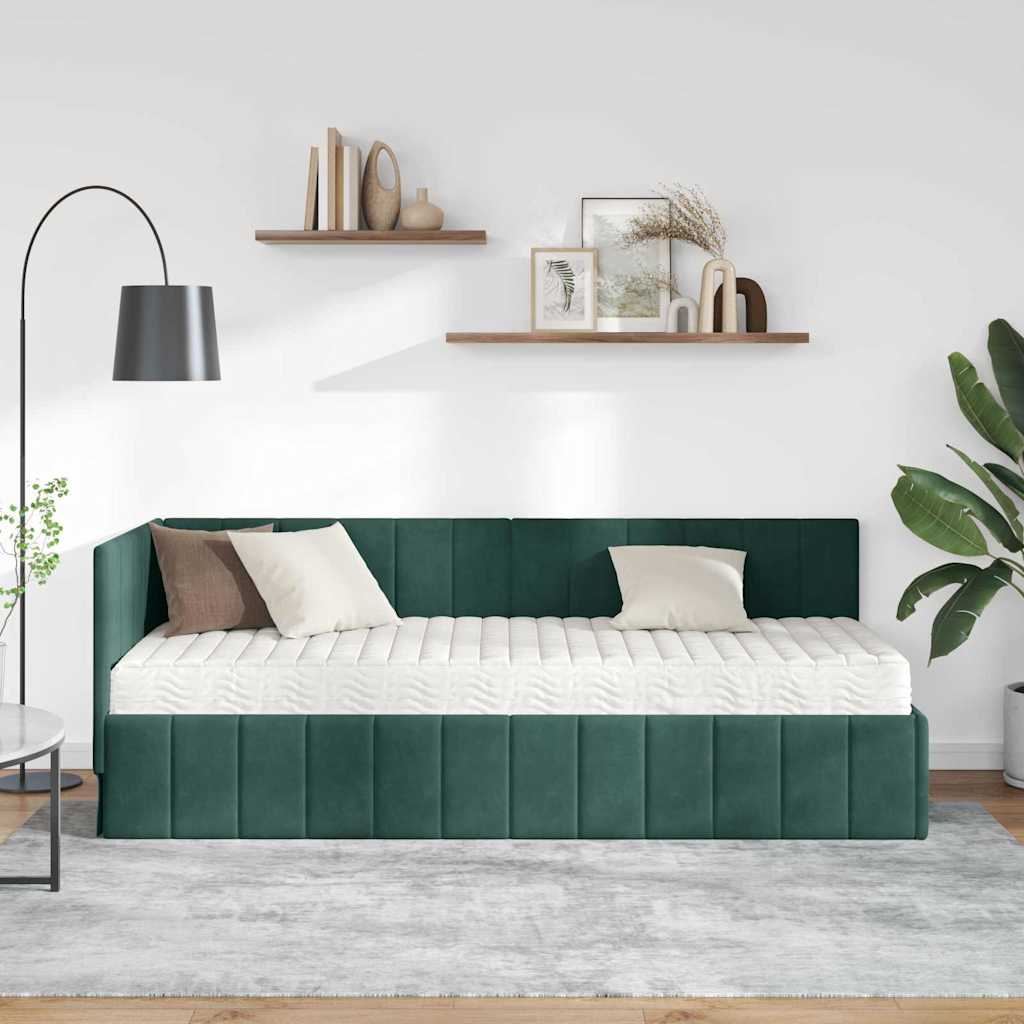 Kutni krevetni okvir s madracem 2 pcs Zelena Baršun