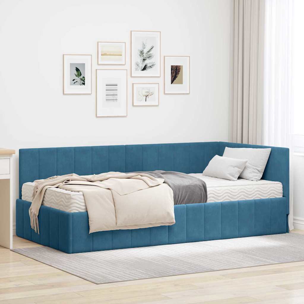 Kutni krevetni okvir s madracem s uzglavljem 2 pcs Plava Baršun