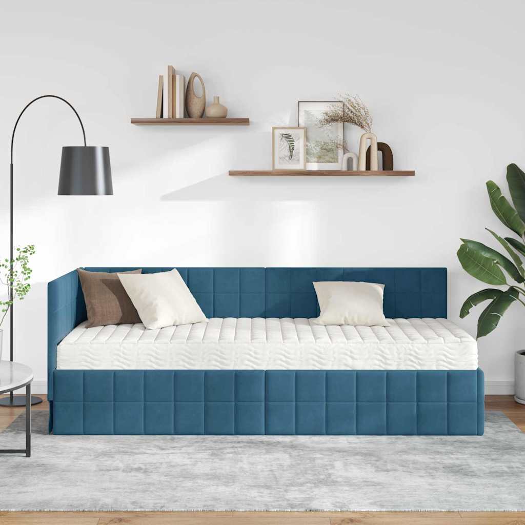 Kutni krevetni okvir s madracem s uzglavljem 2 pcs Plava Baršun