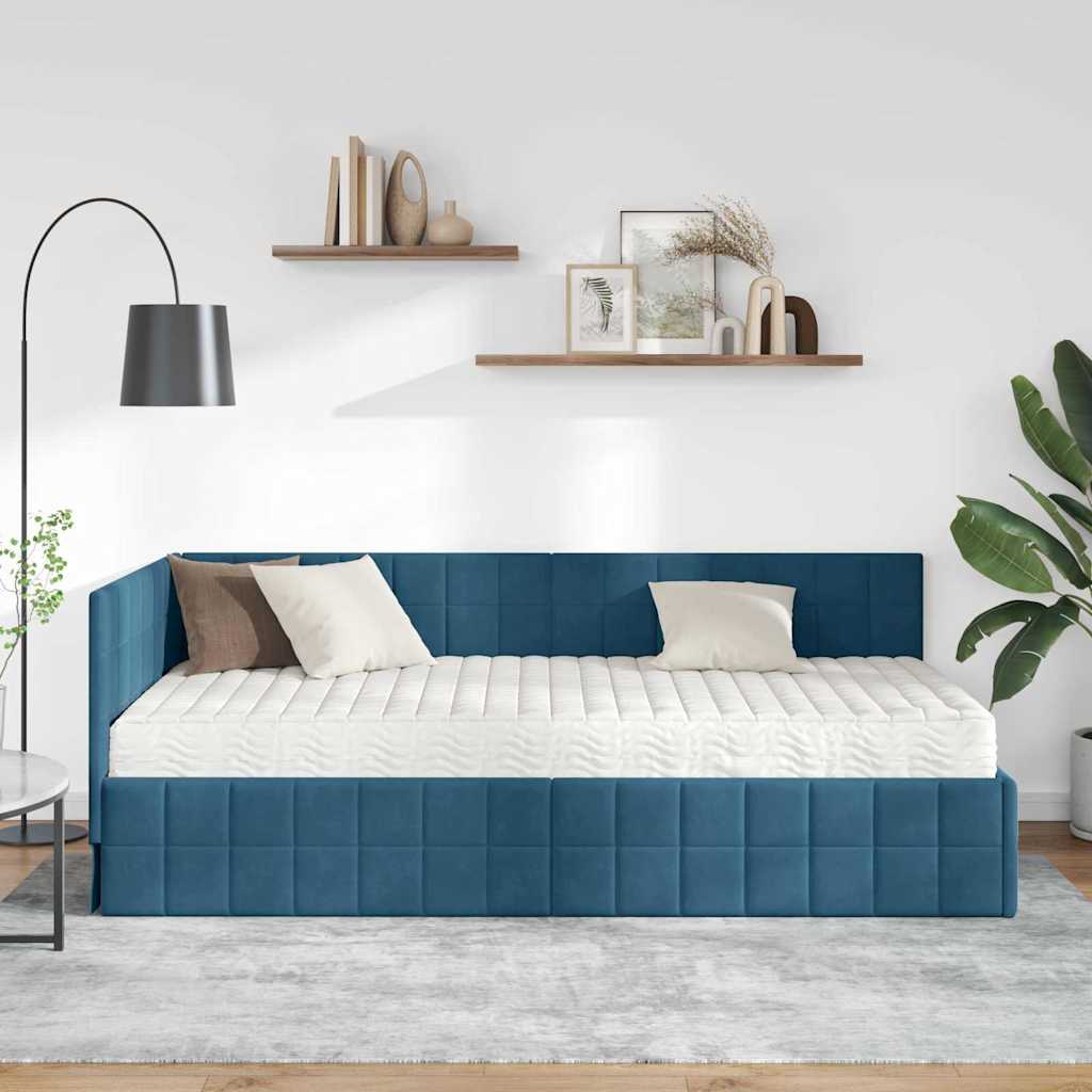 Kutni krevetni okvir s madracem s uzglavljem 2 pcs Plava Baršun