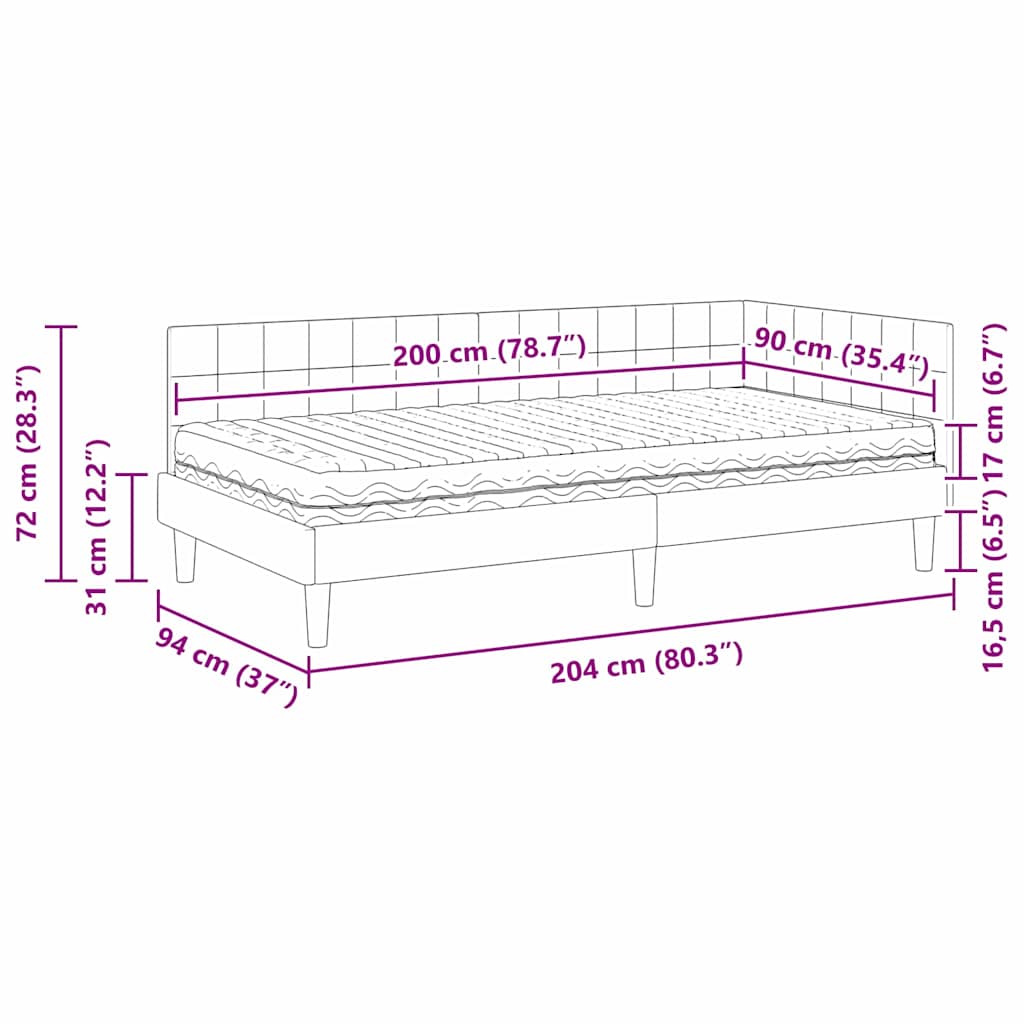 Kutni krevetni okvir s madracem s uzglavljem 2 pcs Crna Baršun