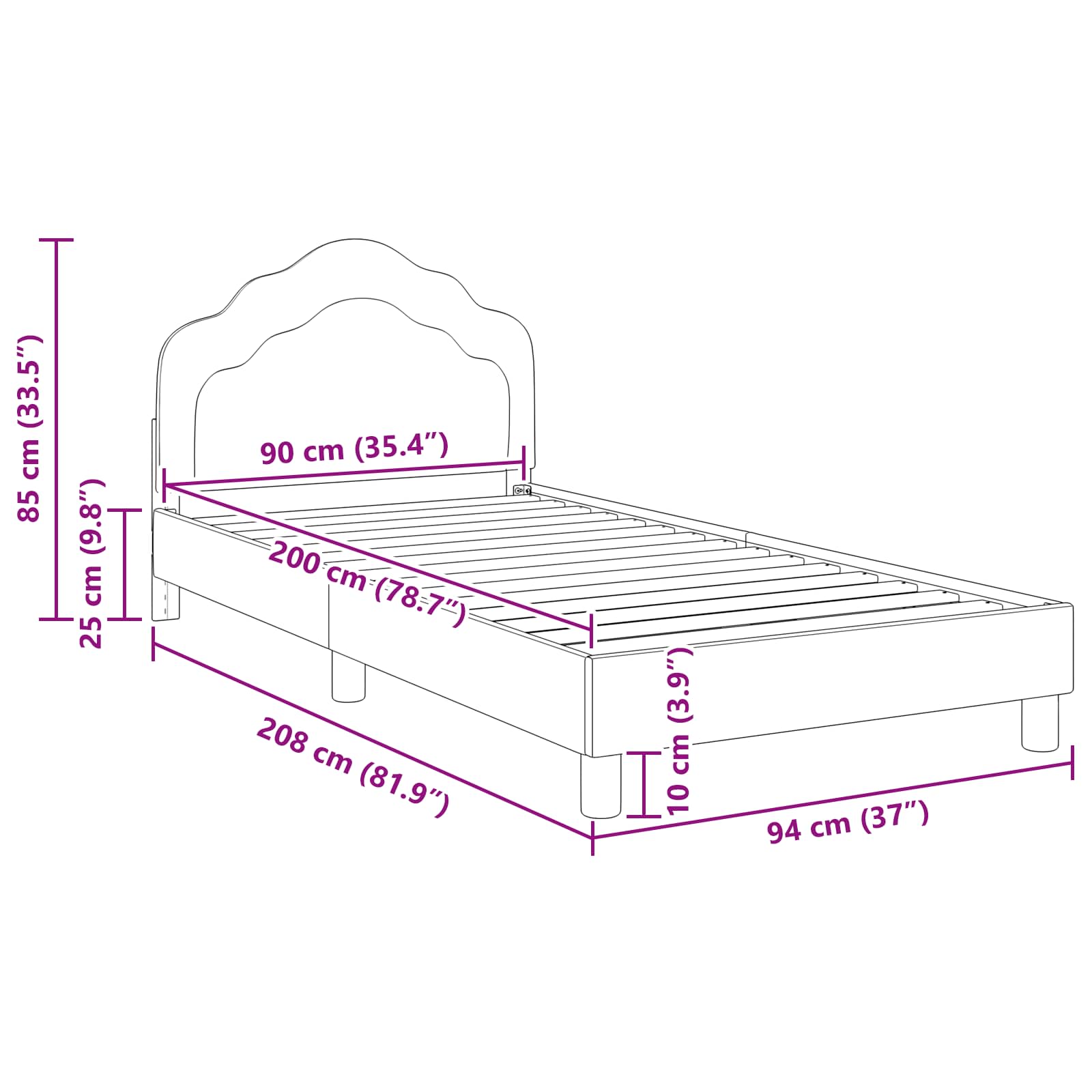 Krevet za djecu s uzglavljem Crna 90 x 200 cm Baršun