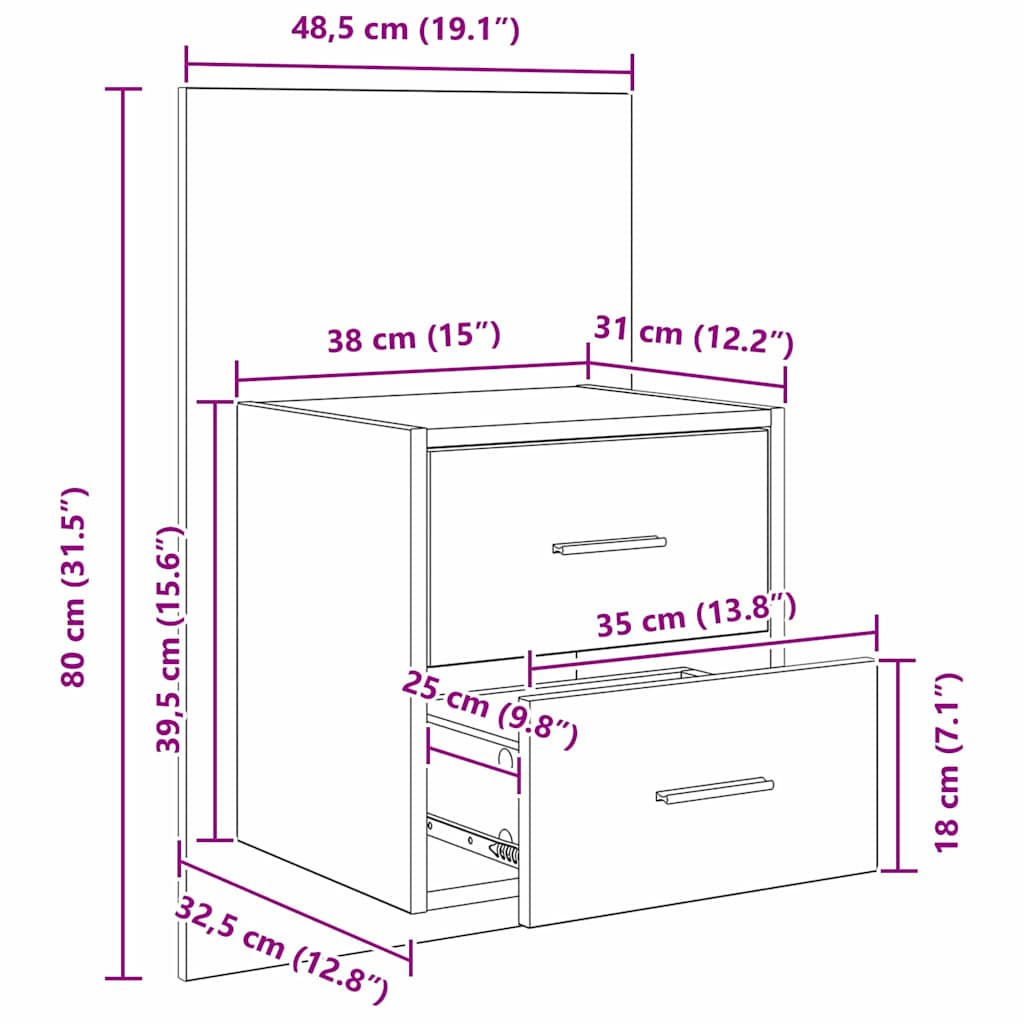 Wall-mounted noćni ormarić s ladicama 2 pcs Umjetnički hrast