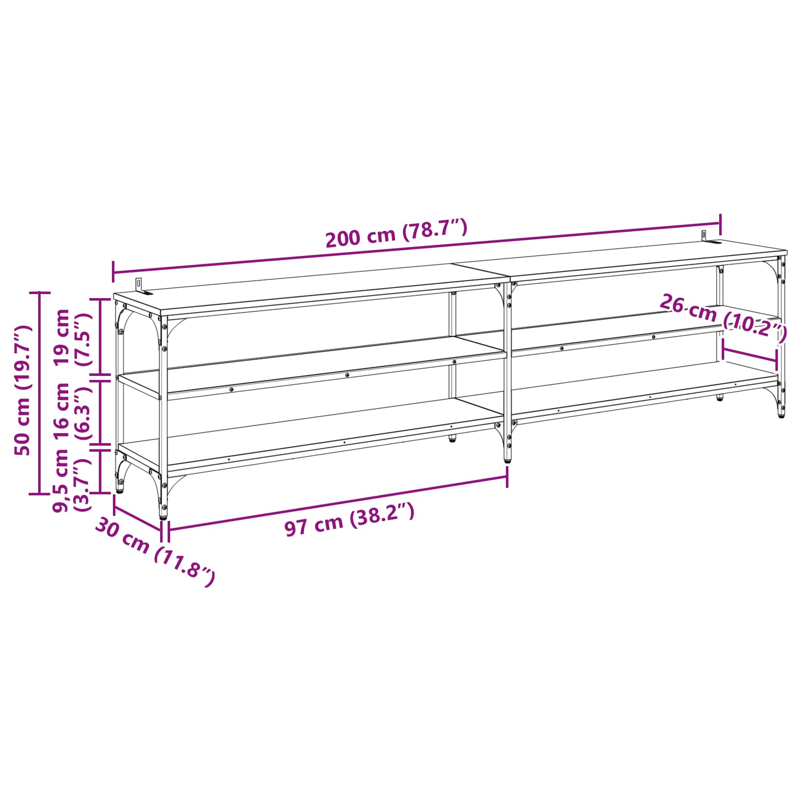 TV ormar Crni hrast 200 x 30 x 50 cm Obrađeno drvo i čelik