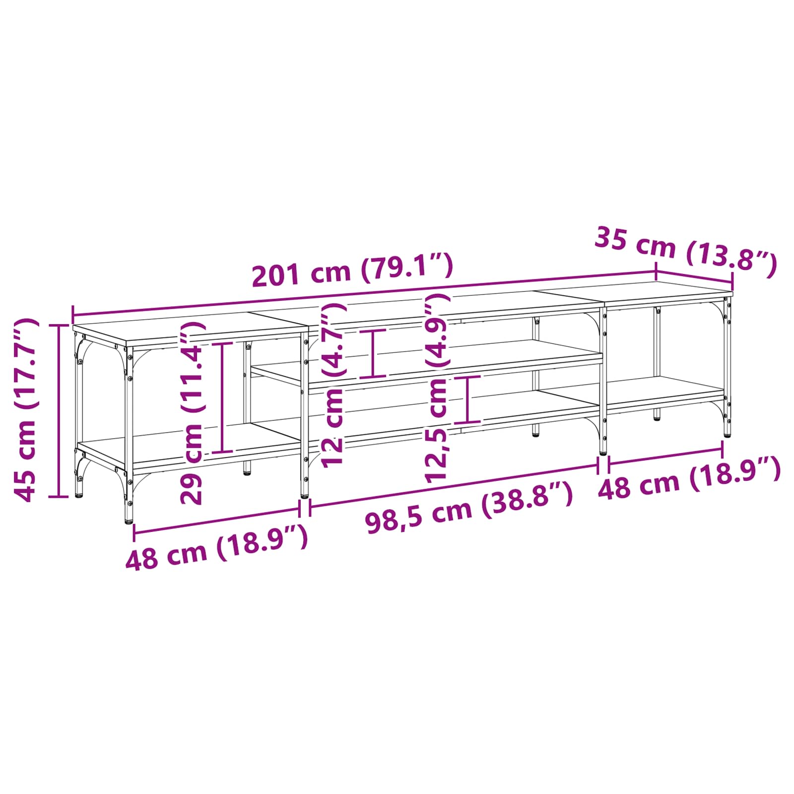 TV ormar Crni hrast 201 x 35 x 45 cm Obrađeno drvo i čelik