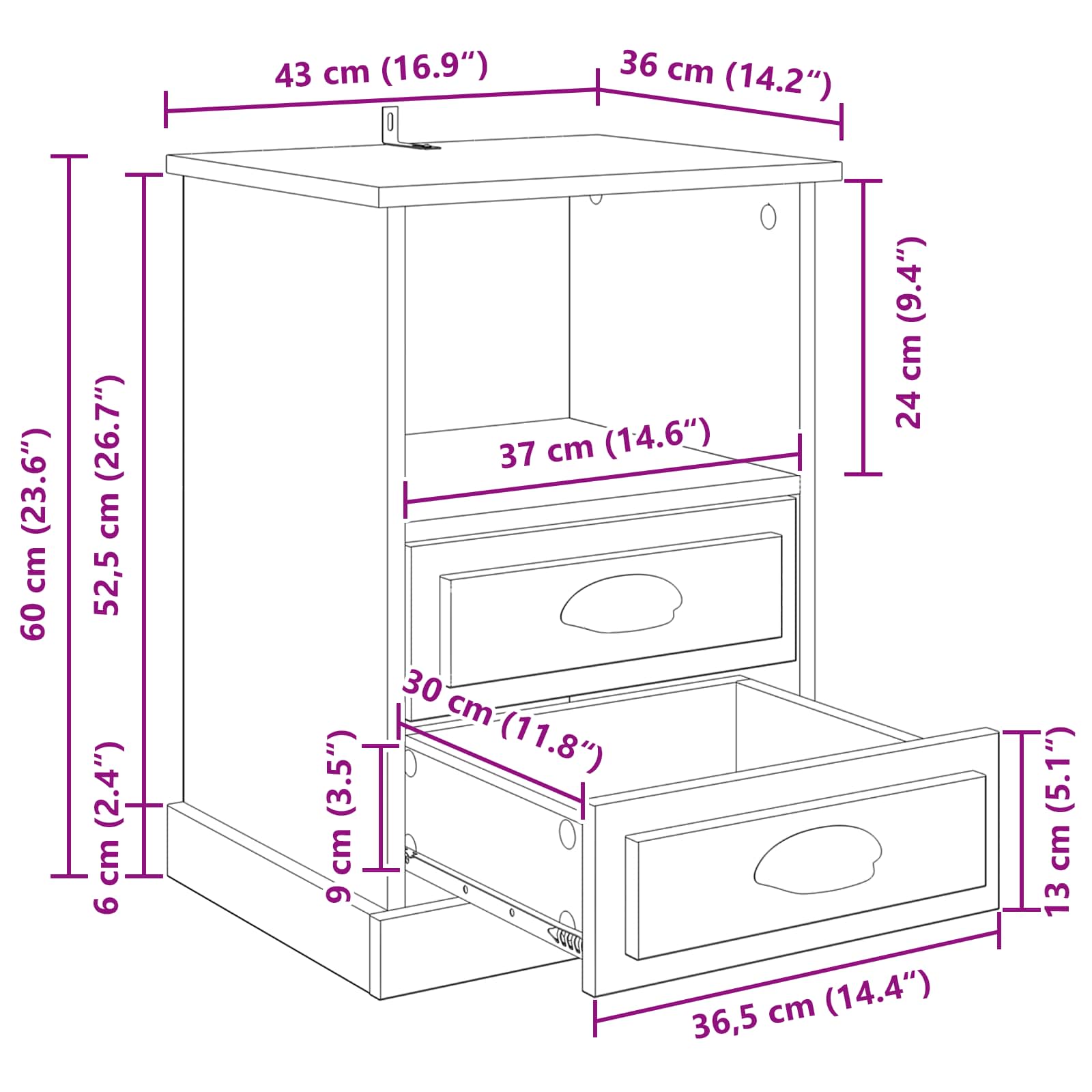 Noćni ormar s ladicama 2 pcs Umjetnički hrast 36 x 43 x 60 cm