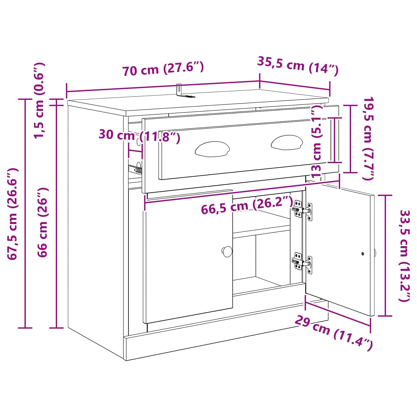 Highboard Crni hrast 70 x 35,5 x 67,5 cm Konstruirano drvo