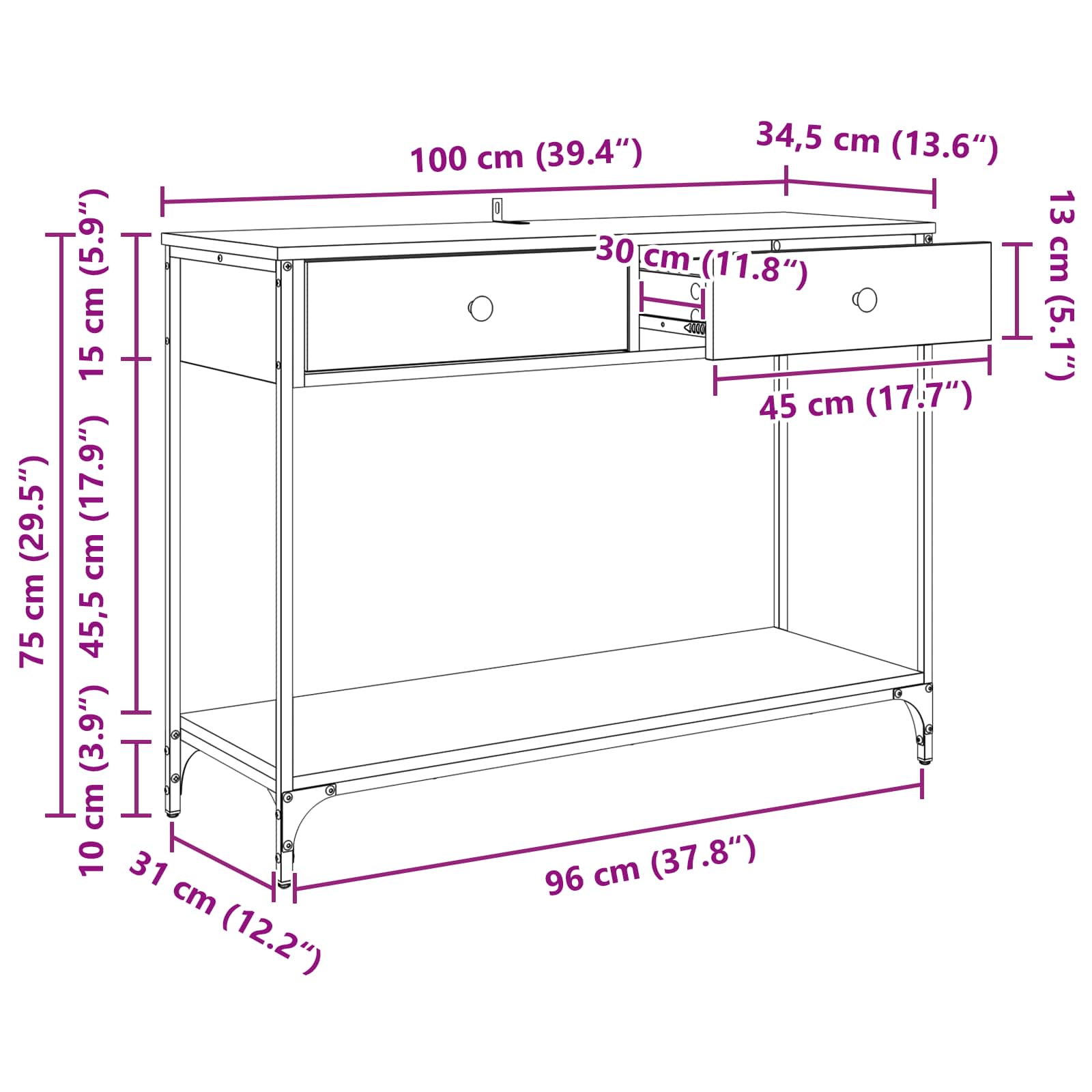 Konzolna stolica s ladicama Umjetnički hrast 100 x 34,5 x 75 cm