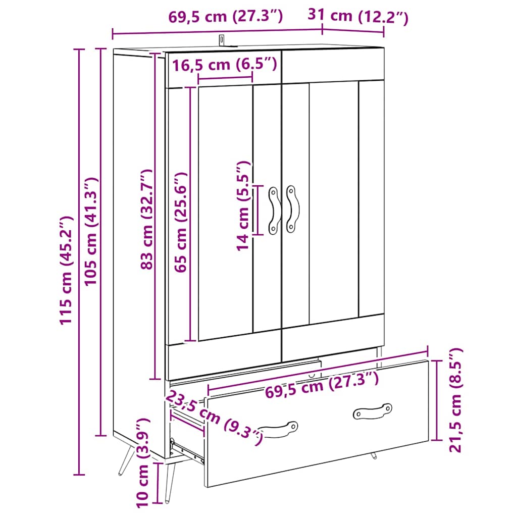 Highboard s ladicama Crni hrast 69,5 x 31 x 115 cm