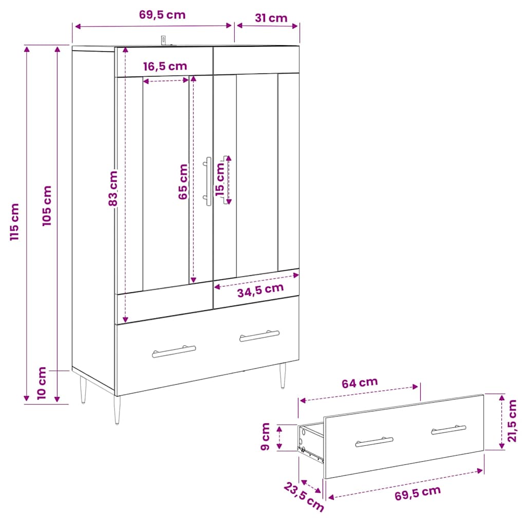 Highboard s ladicama Staro drvo 69,5 x 31 x 115 cm
