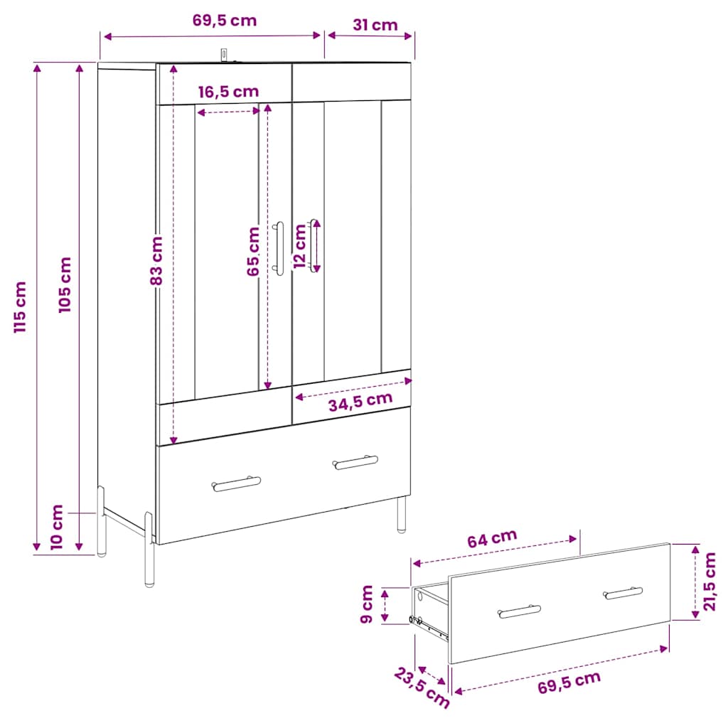 Highboard s ladicama Corona Umjetnički hrast 69,5 x 31 x 115 cm