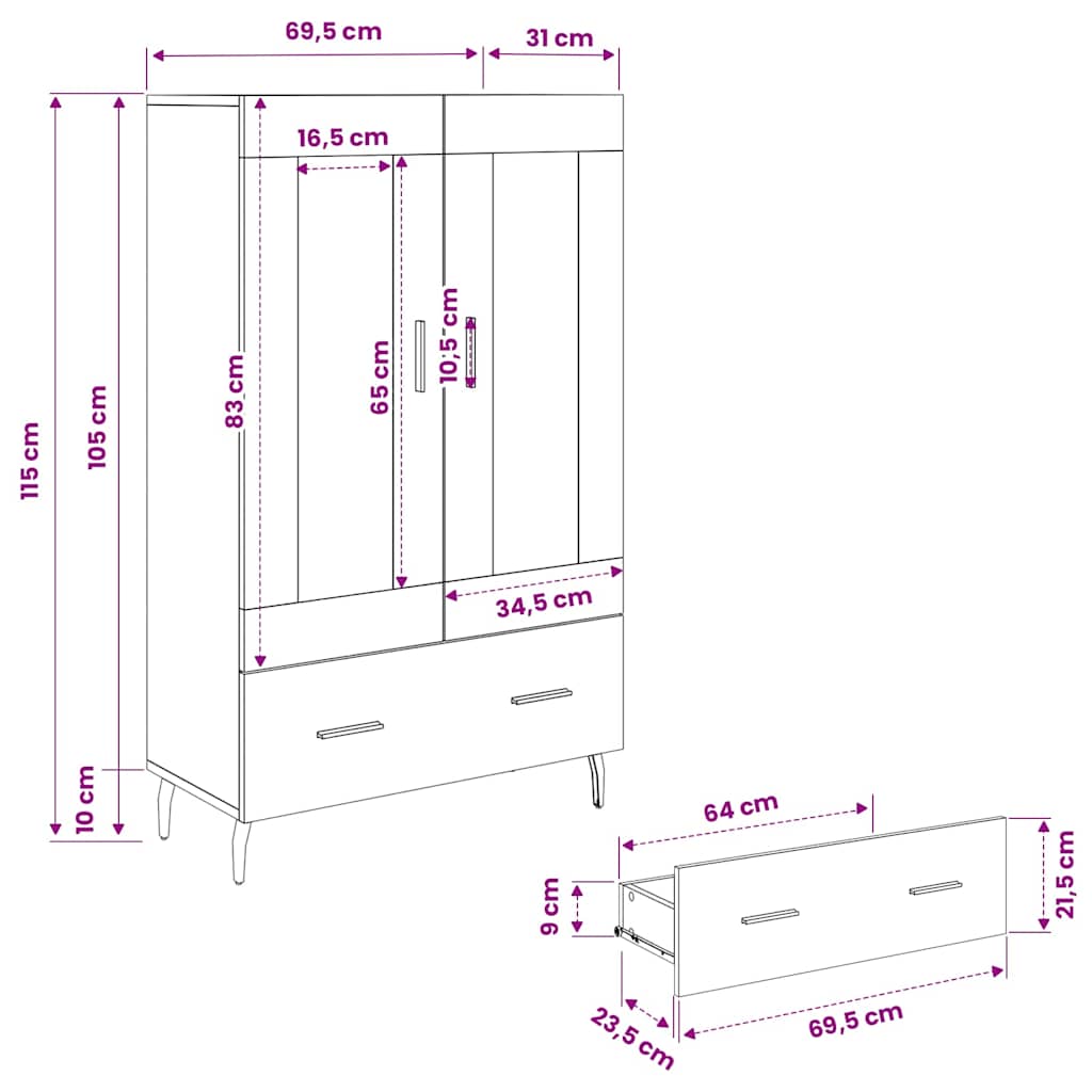 Highboard Crni hrast 69,5 x 31 x 115 cm Konstruirano drvo