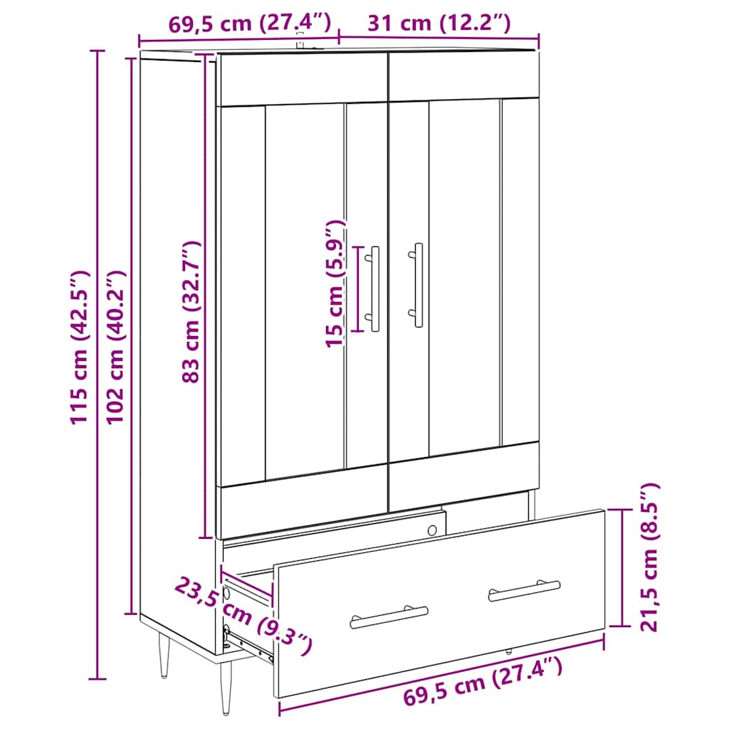 Highboard Crni hrast 69,5 x 31 x 115 cm Konstruirano drvo