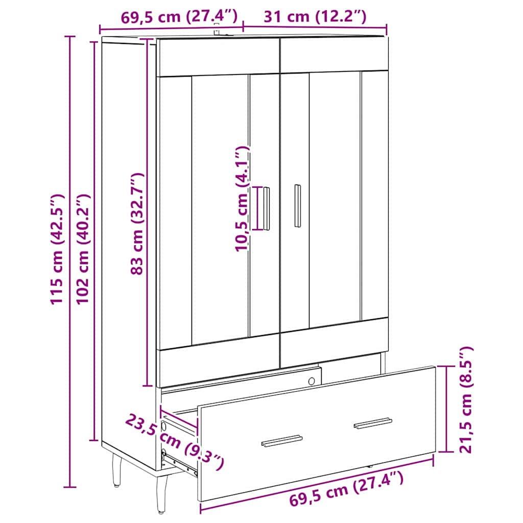 Highboard Crni hrast 69,5 x 31 x 115 cm Konstruirano drvo