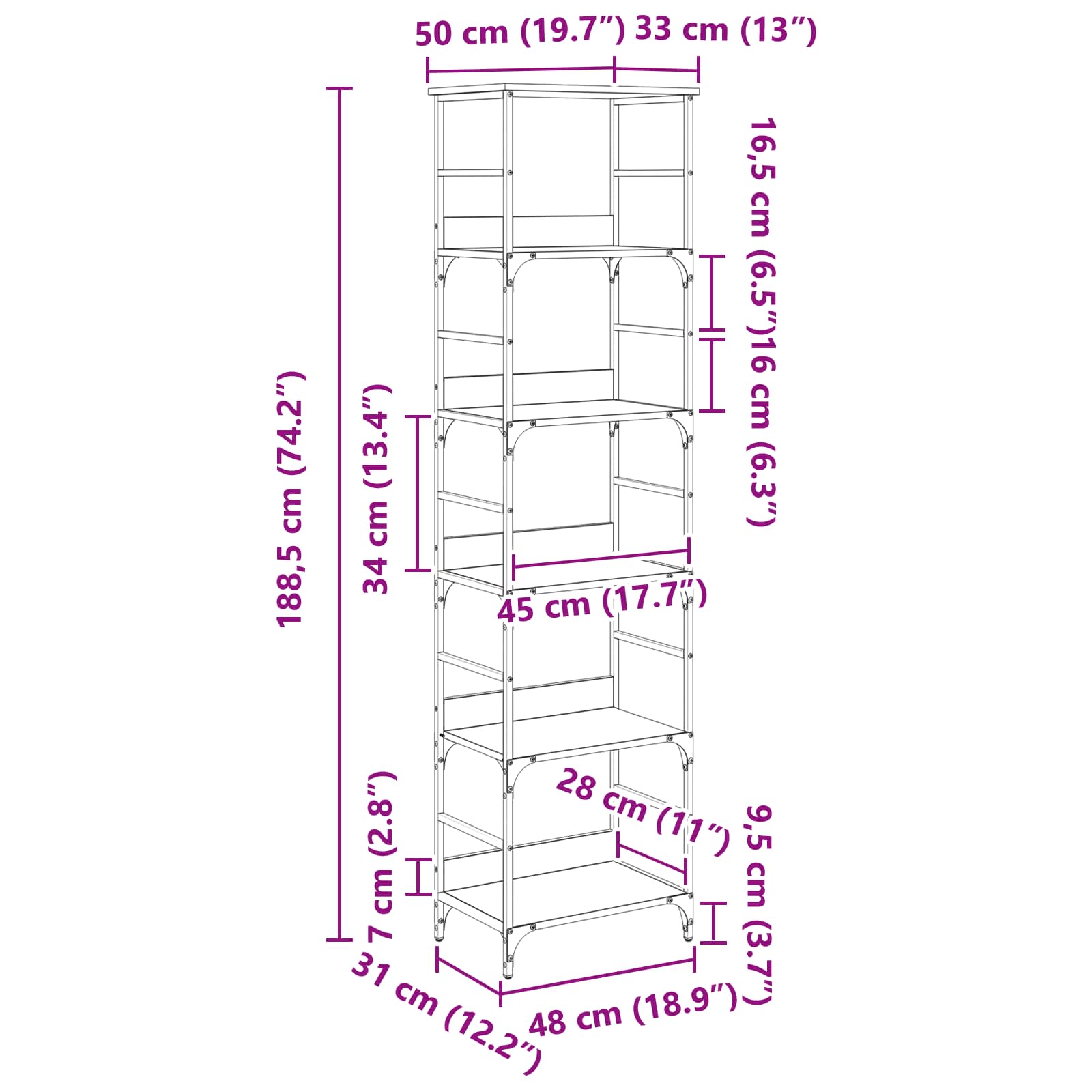 Polica Crni hrast 50 x 33 x 188,5 cm Konstruirano drvo