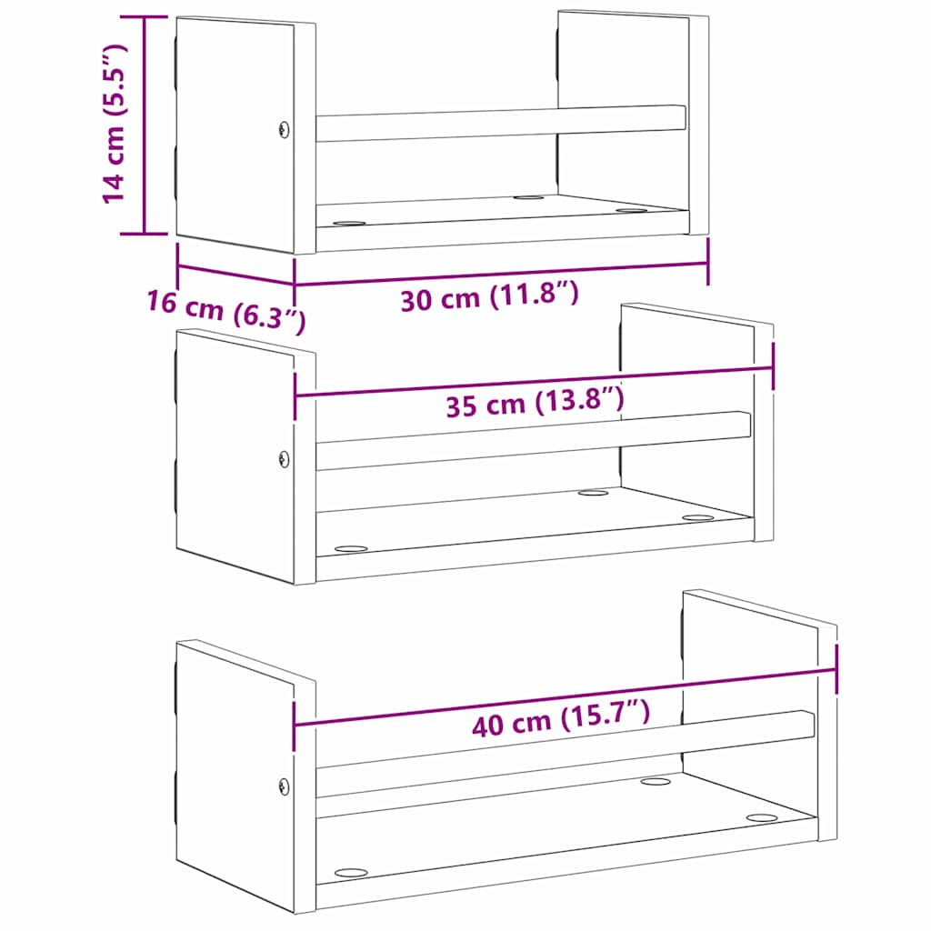 Set zidnih polica 3 pcs Crni hrast 40x16x14cm Konstruirano drvo