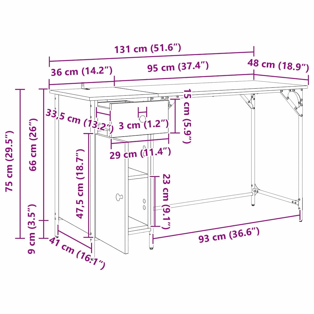 Računalni stol s ladicama Umjetnički hrast 131 x 48 x 75 cm