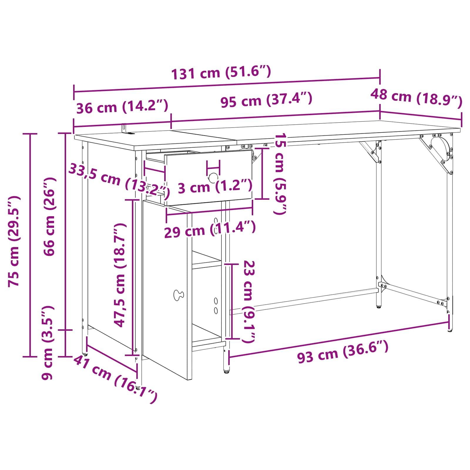 Računalni stol s ladicama Umjetnički hrast 131 x 48 x 75 cm