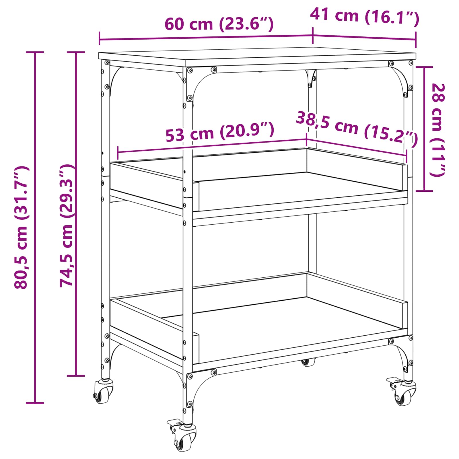 Kuhinjski kolica Crni hrast 60 x 41 x 80.5 cm Konstruirano drvo
