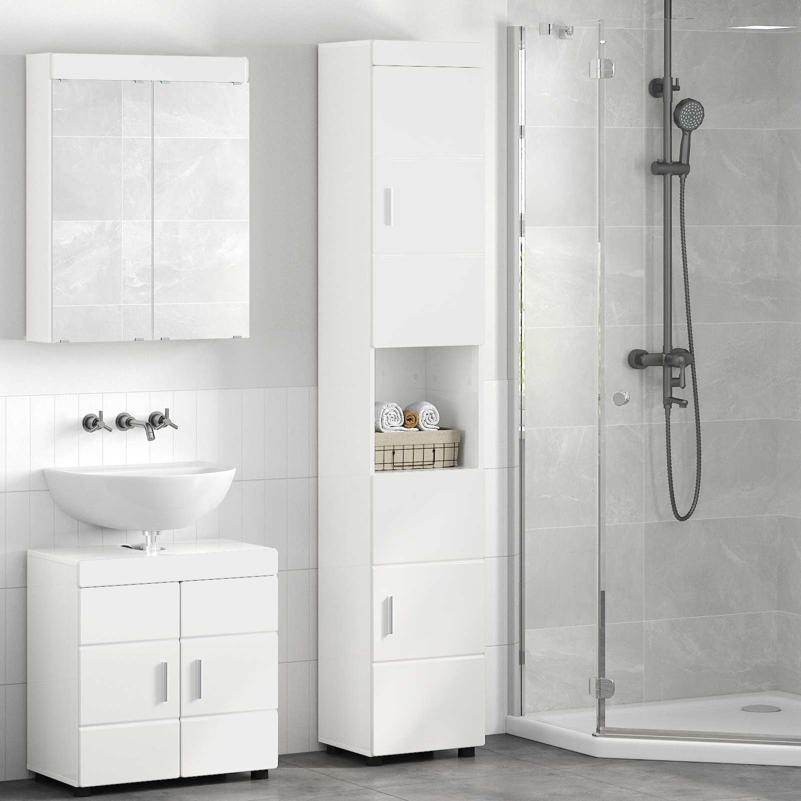 Set ormarića za kupaonicu s pohranom TULUM Visoki sjaj bijela