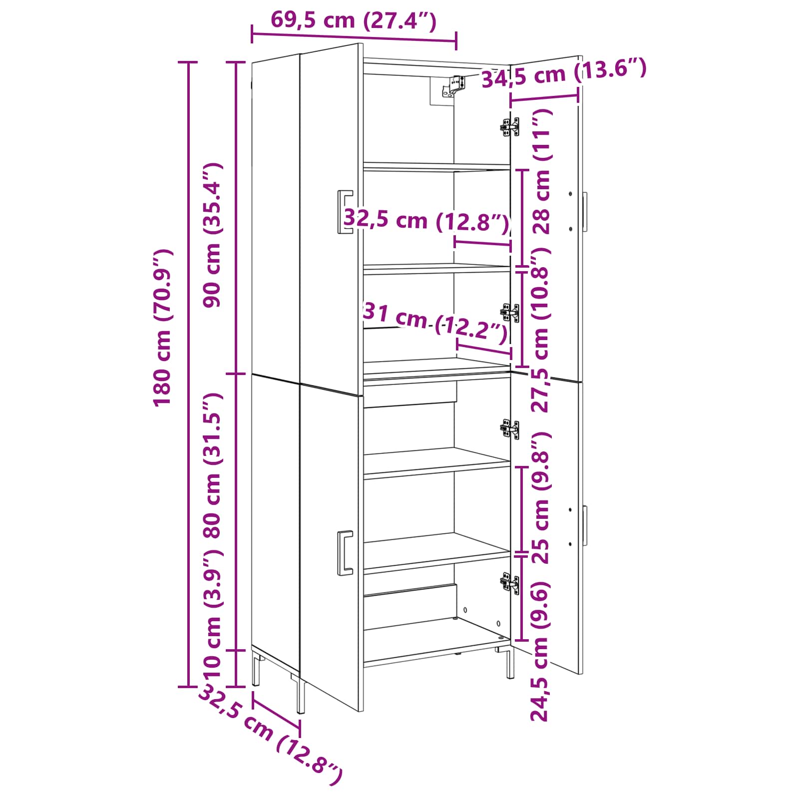 Highboard Zidne Crni hrast 69,5 x 34 x 180 cm Konstruirano drvo