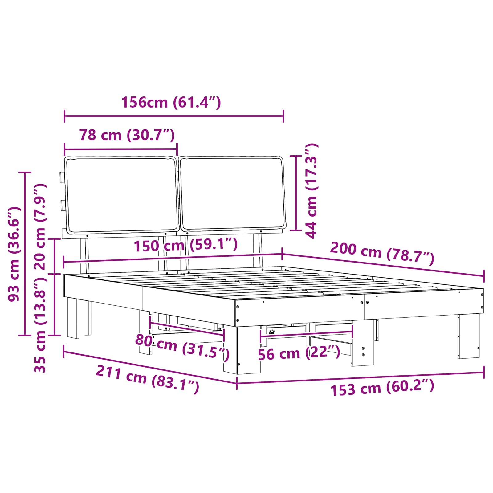 Krevetni okvir s tapiciranim uzglavljem Tamno siva 150 x 200 cm