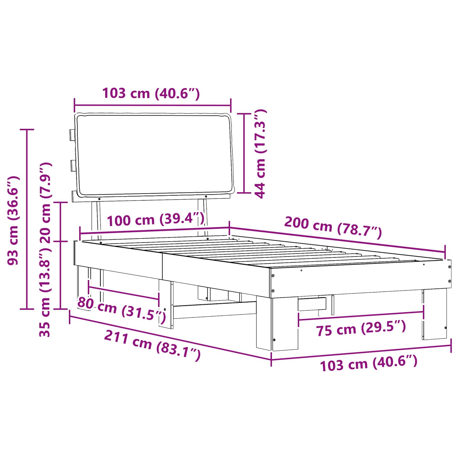Krevetni okvir s tapiciranim uzglavljem Tamno siva 100 x 200 cm